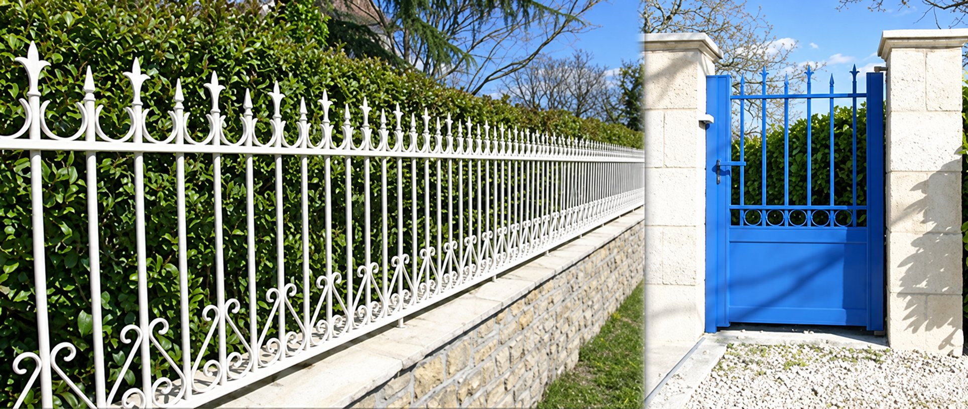 Deux vues côte à côte : une grille blanche en fer forgé aux pointes ornées sur un muret de pierre, et un portillon bleu entre deux piliers de pierre claire.