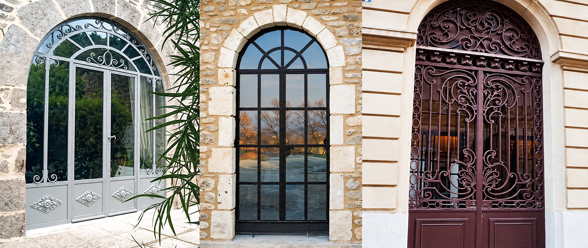 Trois ouvertures cintrées en métal : une porte-fenêtre grise vitrée, une grande fenêtre noire dans un mur de pierre et une porte ornée de ferronnerie.