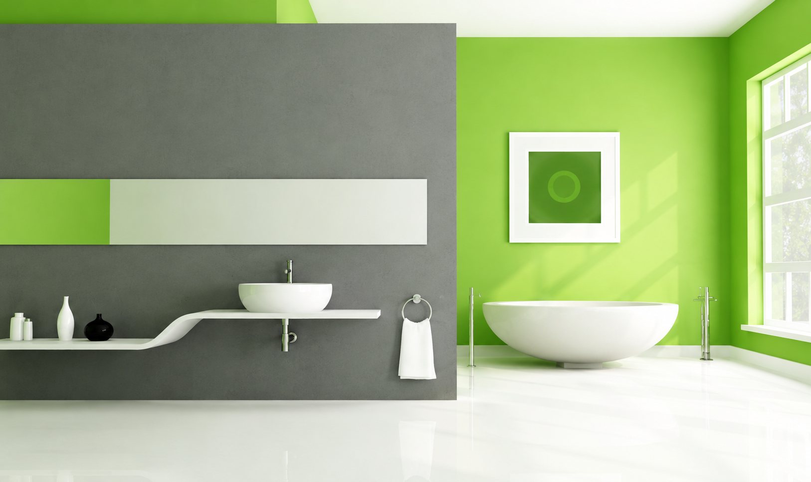Salle de bain contemporaine aux murs vert vif et gris, avec une vasque posée sur une étagère blanche, une baignoire ovale et un cadre mural.