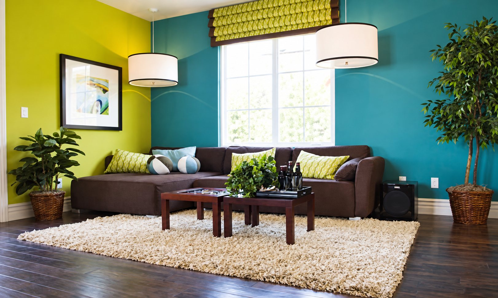Salon lumineux avec un canapé d'angle marron, des coussins rayés verts, une table basse en bois, un tapis shaggy beige et des plantes vertes devant des murs vert anis et bleu canard.