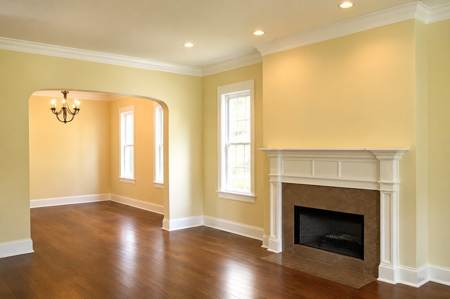 Salon vide et lumineux aux murs jaune pâle, avec une cheminée blanche, un parquet foncé et une arche donnant sur une autre pièce.