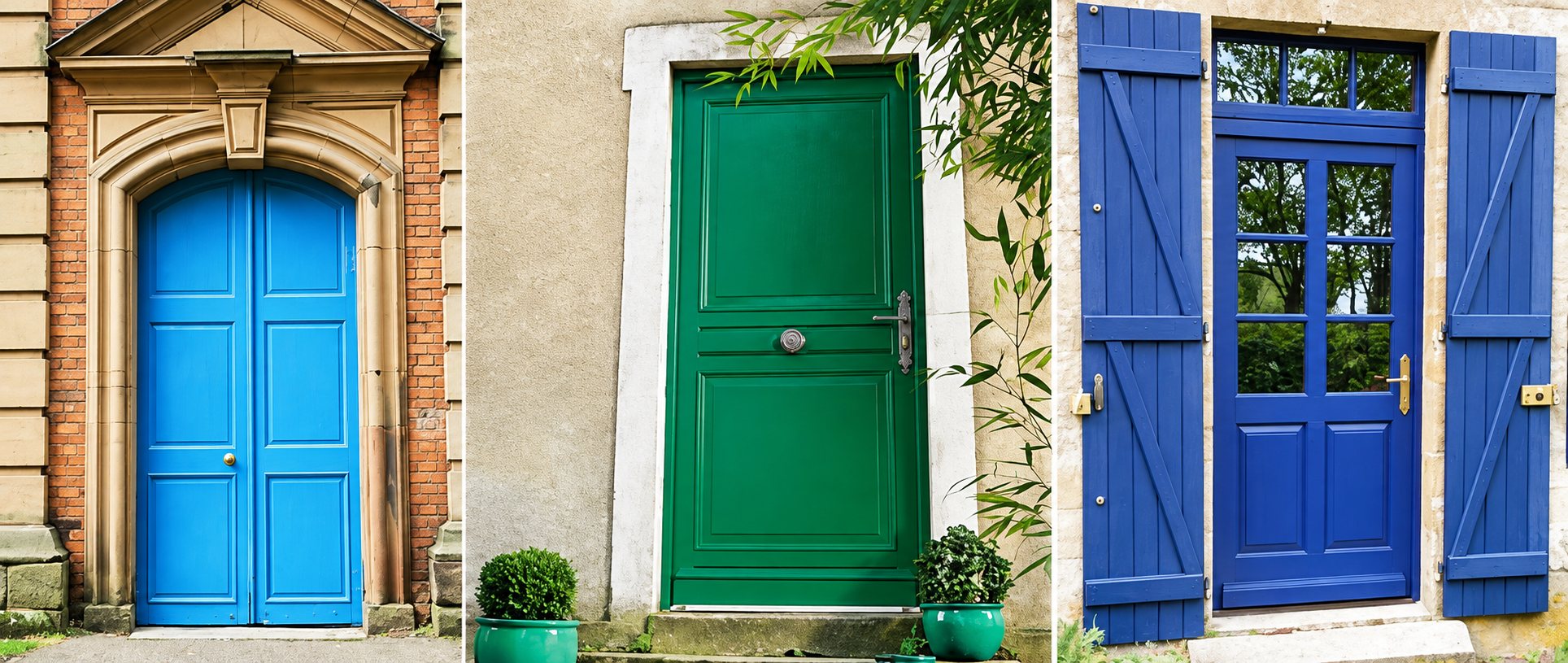 Trois portes d'entrée côte à côte : une porte bleu clair dans un encadrement de pierre et de brique, une porte verte avec des plantes en pots et une porte bleu foncé vitrée avec volets assortis.